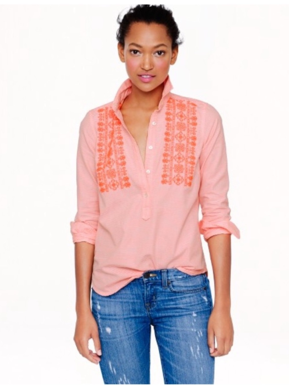 J.Crew Women’s Neon Coral White Striped Embroidered Popover Shirt Size 4
